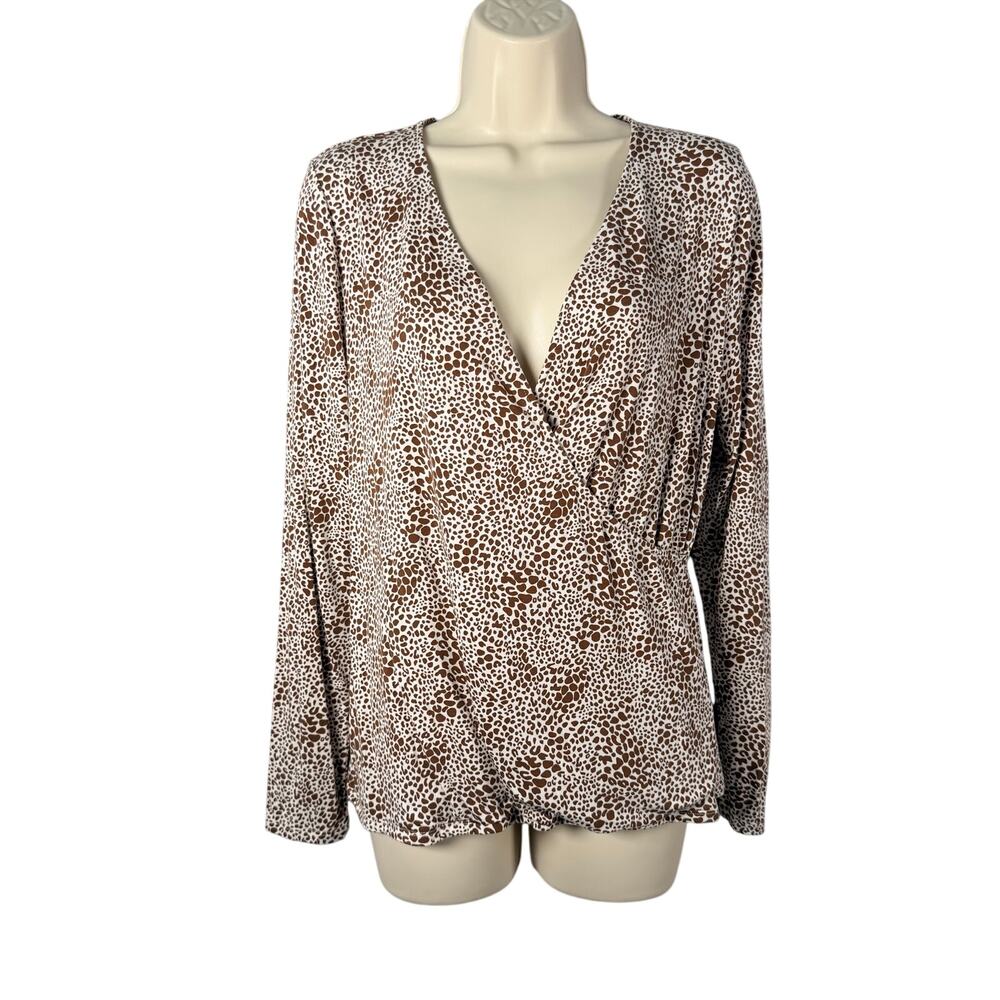 Lands End Top Small 6-8 Faux Wrap Leopard Animal Print Rayon Stretch Long Sleeve